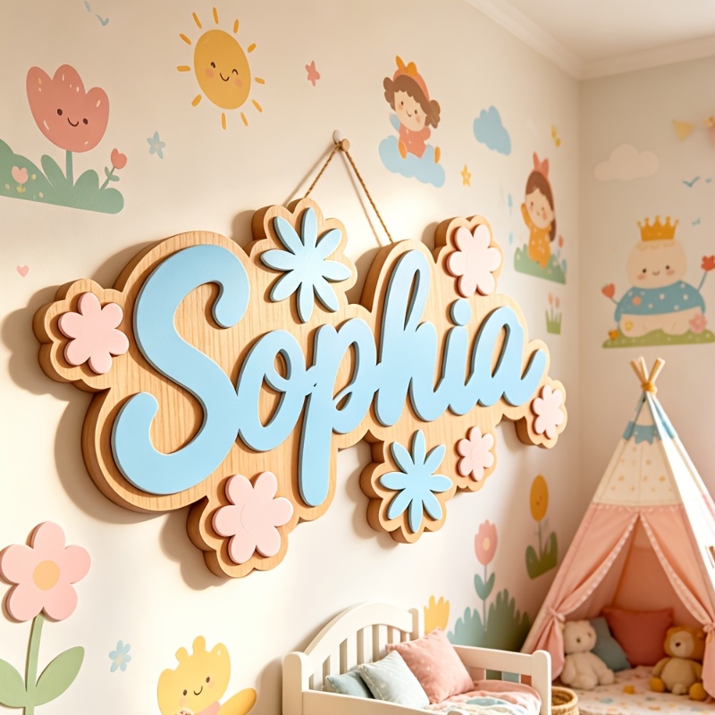 Baby Nursery Hanging Decor - Personalized Floral Themed Name Room Sign,