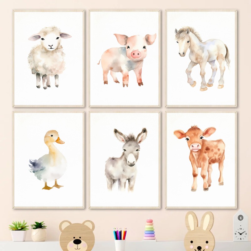 Watercolor Farm Animals Baby H - Baby Nursery Images 评论和价格