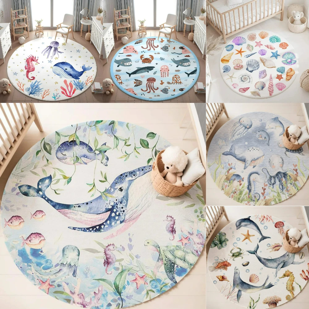 Blue Marine animal Round Carpe - Baby Nursery Mat 评论和价格