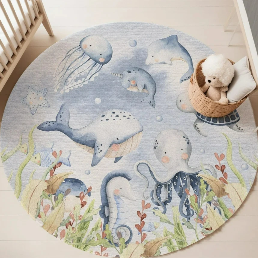 Blue Marine animal Round Carpe - Baby Nursery Mat 评论和价格
